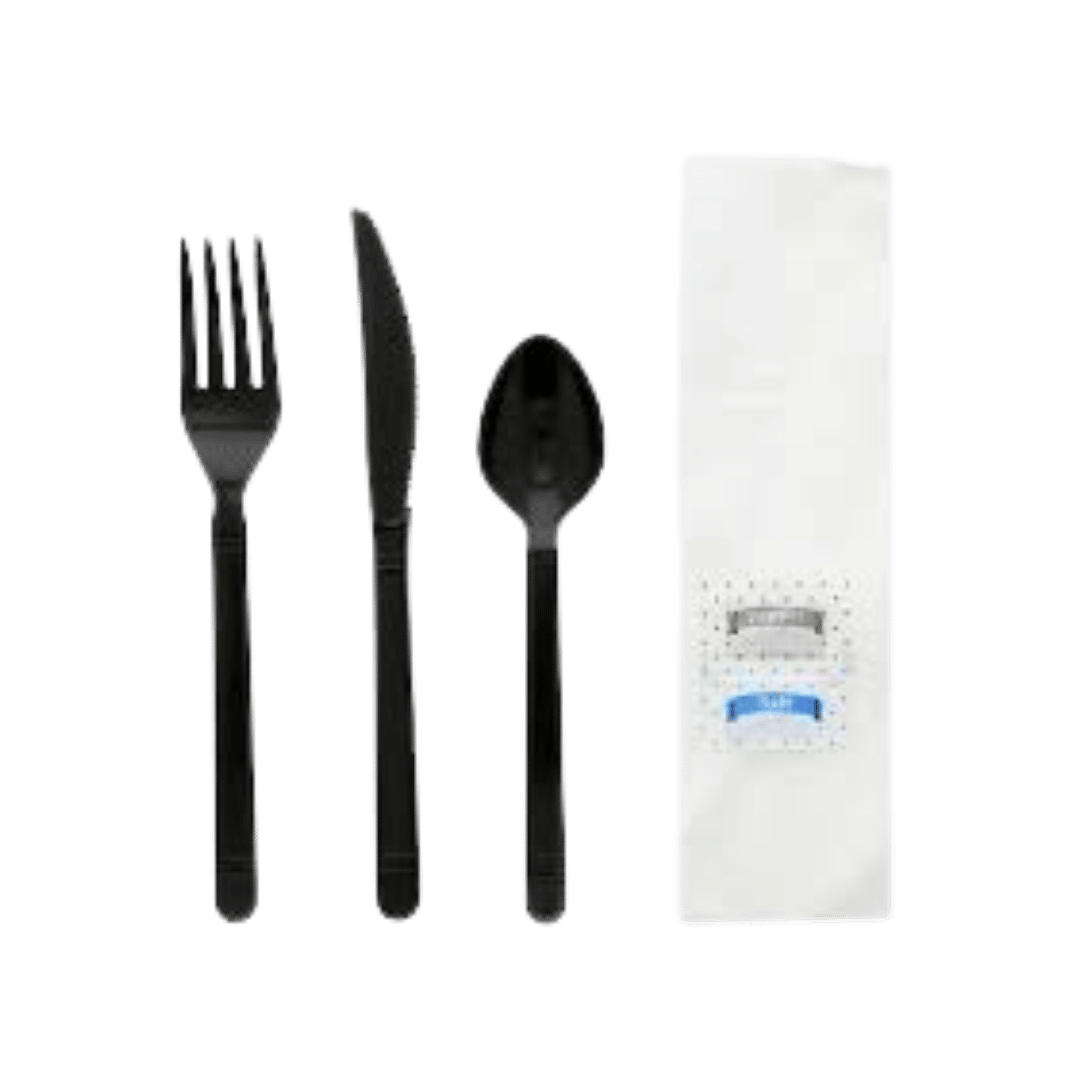 CUTLERY KIT TEASP, FORK, KNIFE, NAPKIN, SALT & PEPPER BLK
